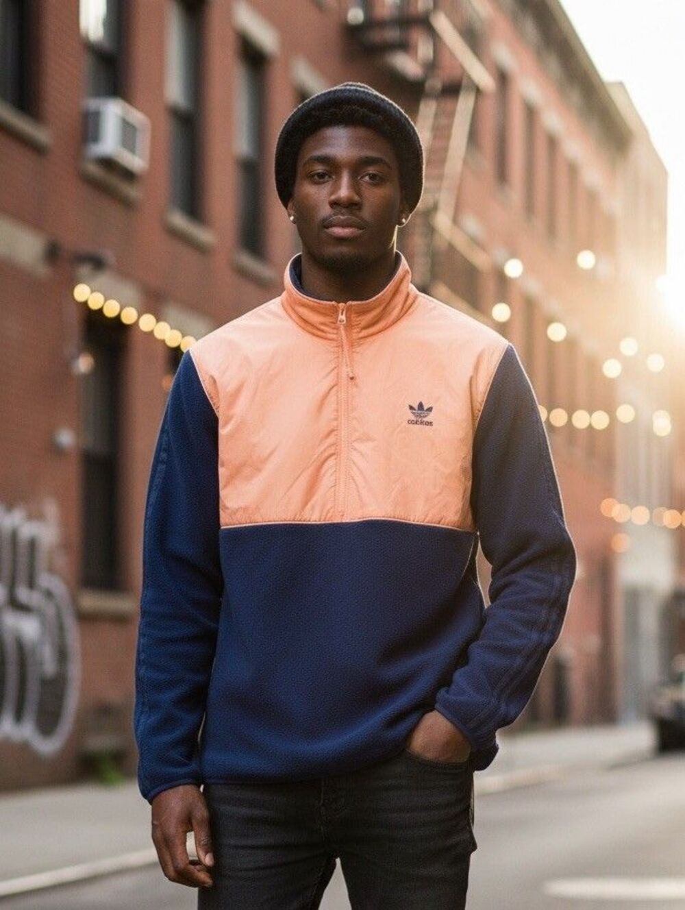 ADIDAS Originals 1/2 Zip Winterized Fleece Pullover Jacket Navy Coral Medium
